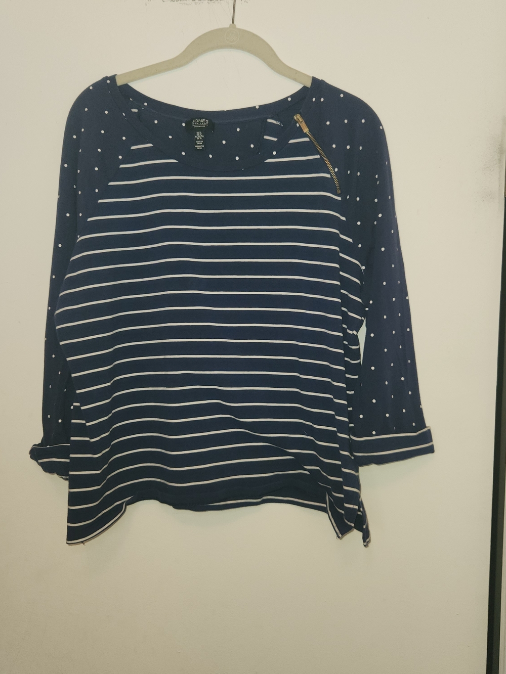 Jones New York Signature Women’s Navy Stripe & Dot Zip-Accent Top XL